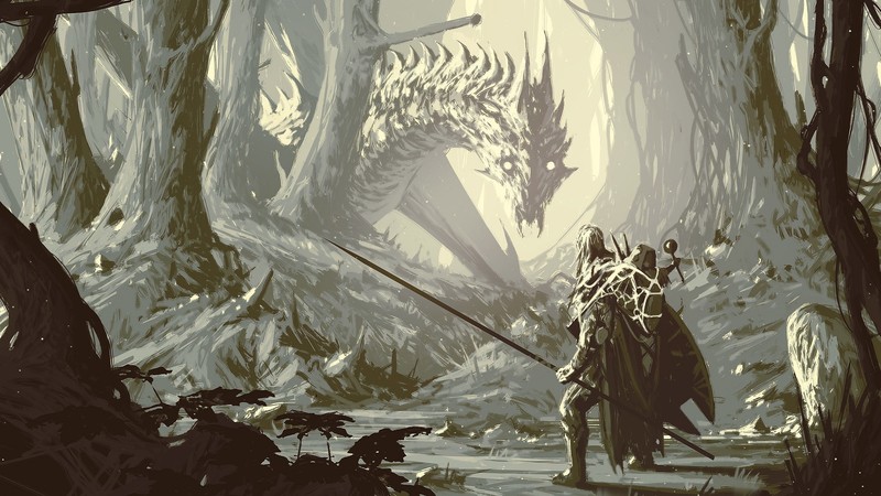 dragon, Wyvern, spear, forest, monochrome, fantasy art, mist