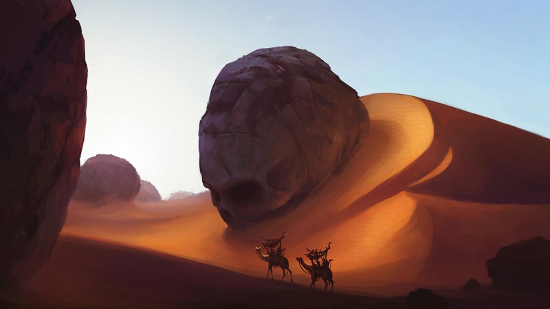 desert, camels, skull, dunes, fantasy art, artwork, digital art
