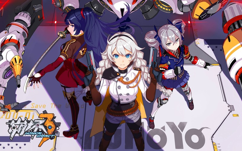 anime, Honkai Impact, anime girls, katana, blue hair, white hair, gun, blue eyes