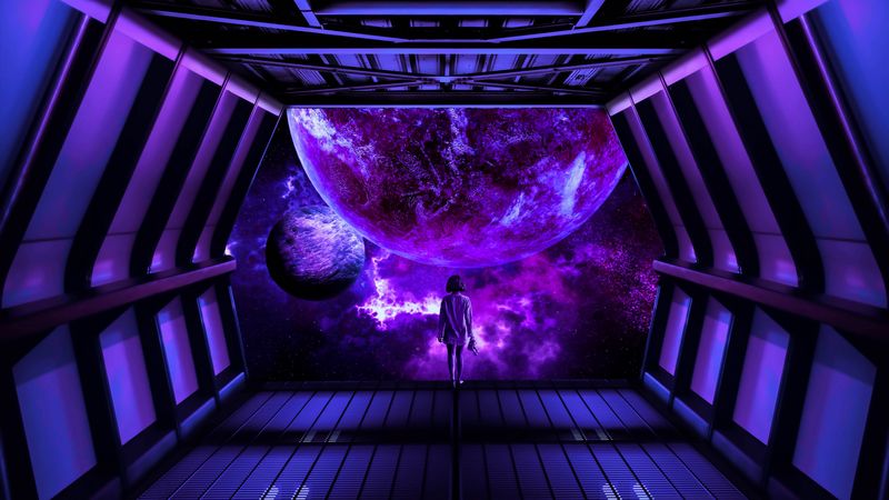 girl, spaceship, planet, space, fiction, 4k