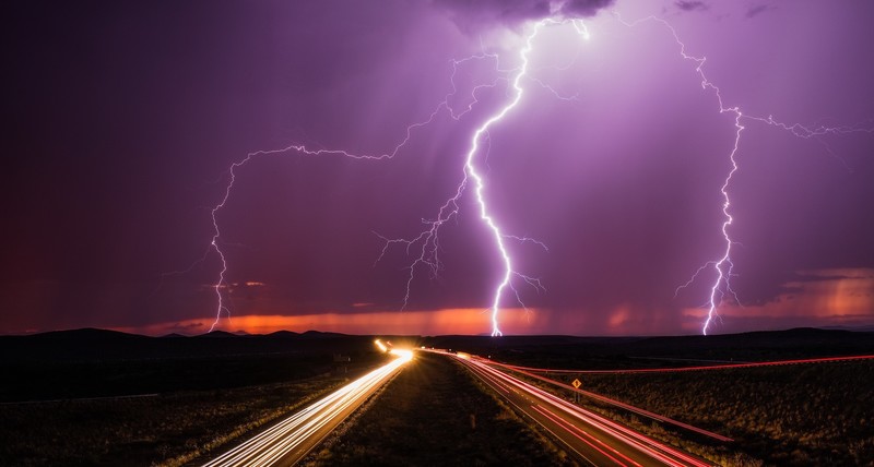 long exposure, road, lightning, dark, storm