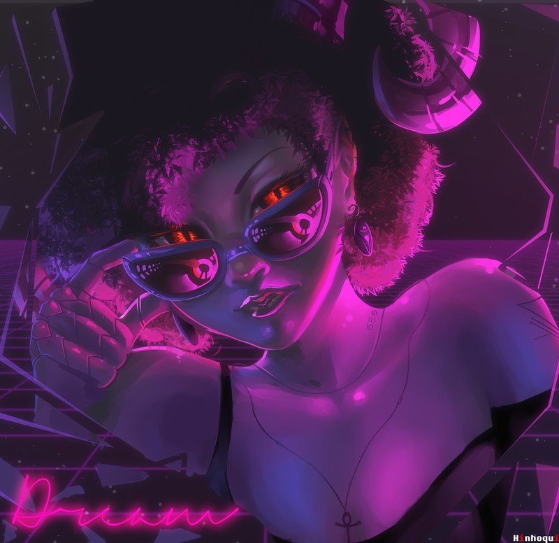 women, artwork, original characters, Hiago Ferreira, looking at viewer, synthwave, cyberpunk, women with glasses, face, closeup, bare shoulders, short hair, hat, no bra, reflection, necklace, neon