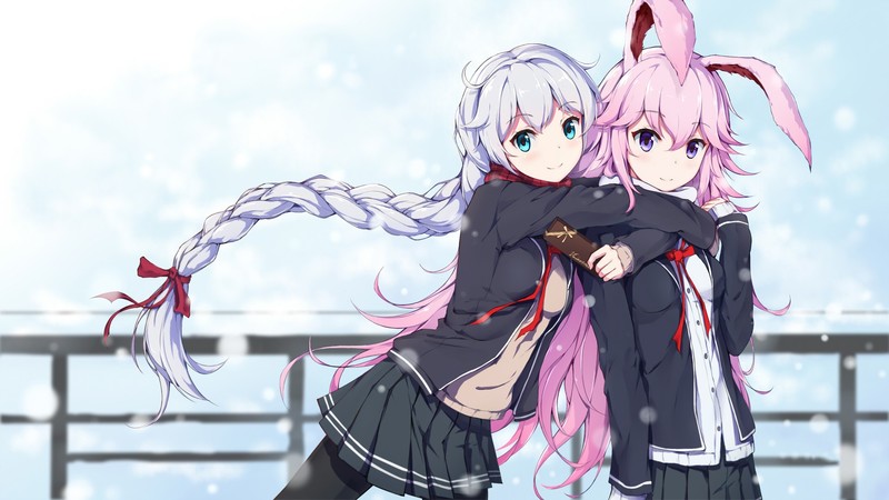 anime, anime girls, long hair, animal ears, school uniform, white hair, pink hair, aqua eyes, blue eyes, smiling, looking at viewer, snow, winter, Honkai Impact, Yae Sakura (Honkai Impact)