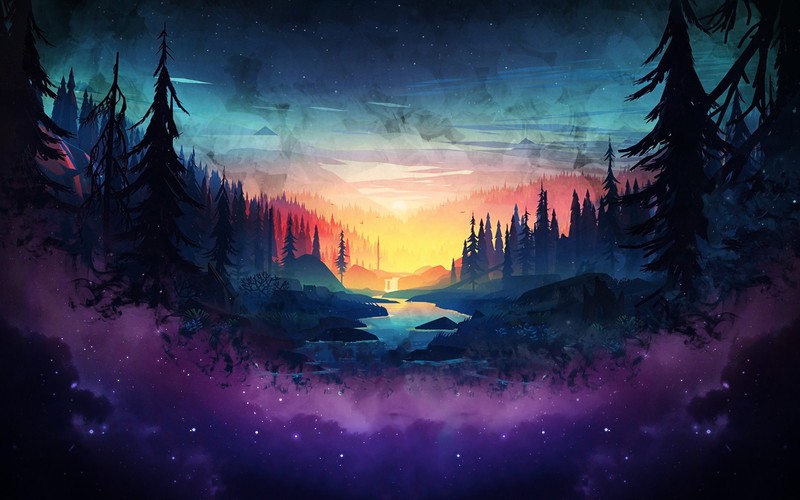 purple, nature, colorful, trees, forest, smoke, mist, artwork