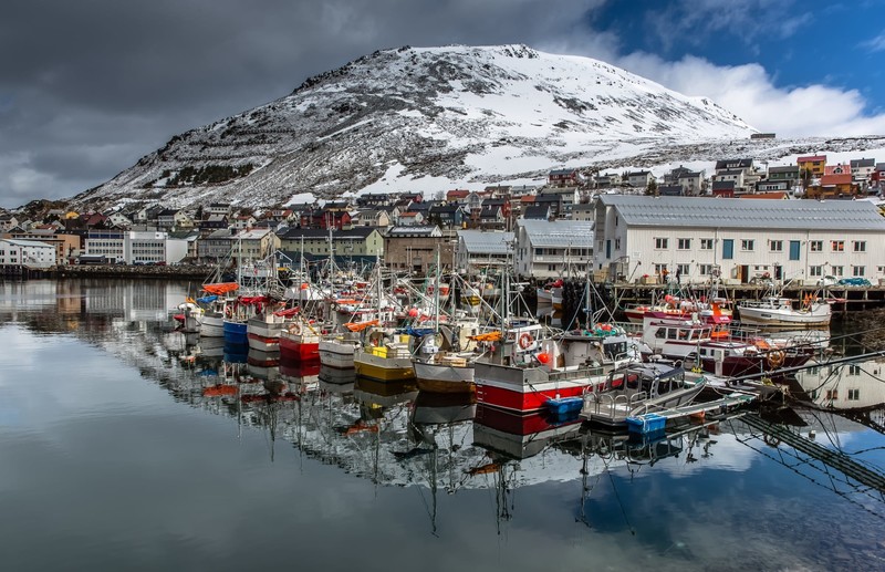 Norway, mountains, boat, city