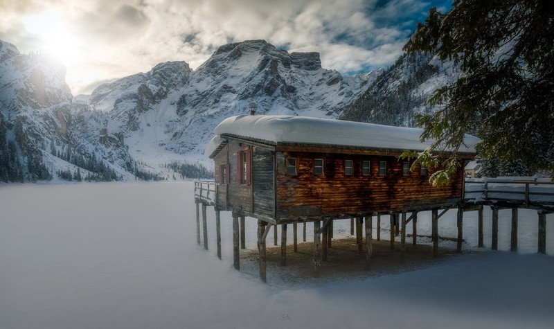 ice, snow, mountains, nature, winter, cabin, lake, frozen lake