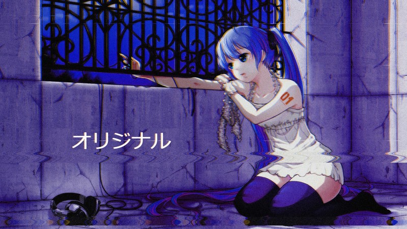 vaporwave, anime girls, Hatsune Miku, Vocaloid, headphones, thigh-highs