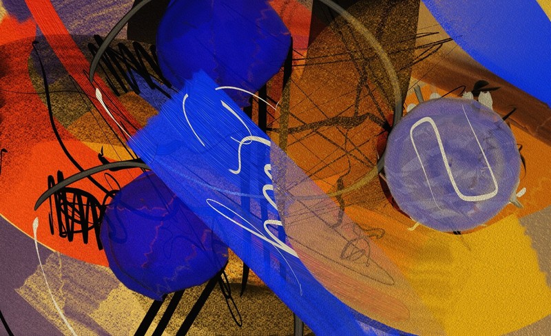 artwork, abstract, blue, orange, yellow