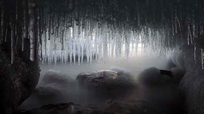 ice, winter, stones, cave, nature, mist, icicle