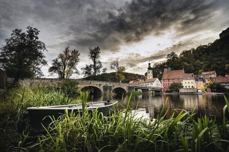 village, grass, river, bridge, boat
