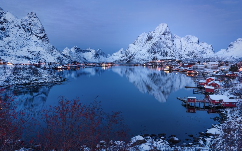 nature, blue, Norway, mountains, landscape, snow, lake, calm, reflection