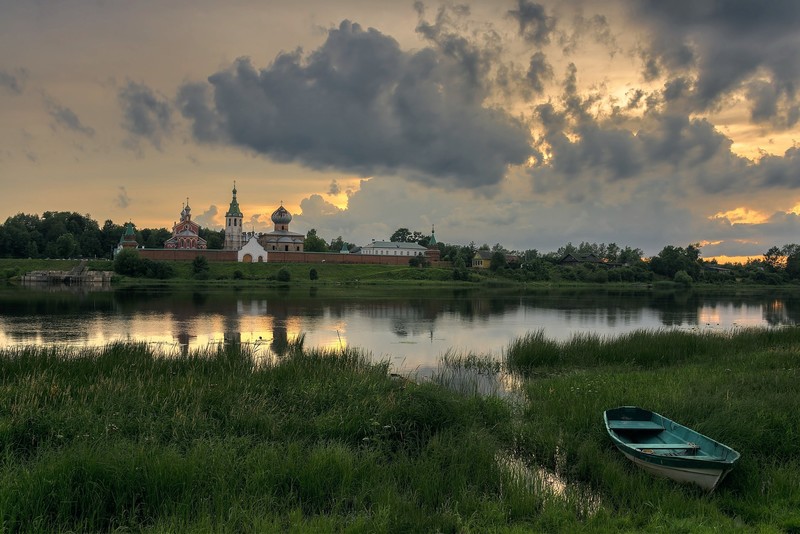 Russia, landscape, village, boat, water