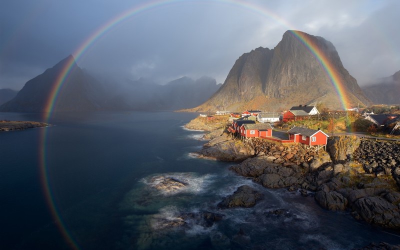 nature, landscape, water, trees, house, Norway, rainbows, mountains, fjord, rock, sea, village, mist, circle
