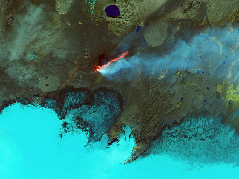 nature, landscape, water, aerial view, sea, coast, lake, volcano, eruption, smoke, lava, NASA, Iceland, mountains, cyan