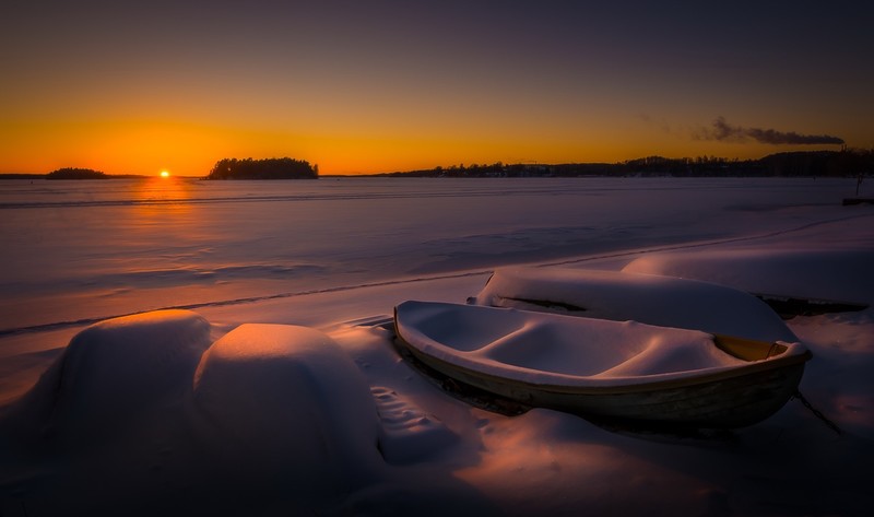 snow, sunlight, boat, winter, nature