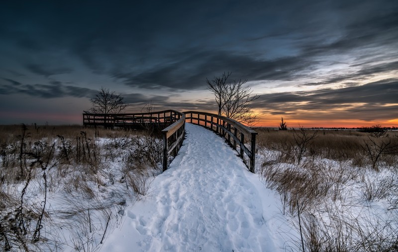 nature, sky, winter, snow, path, bridge