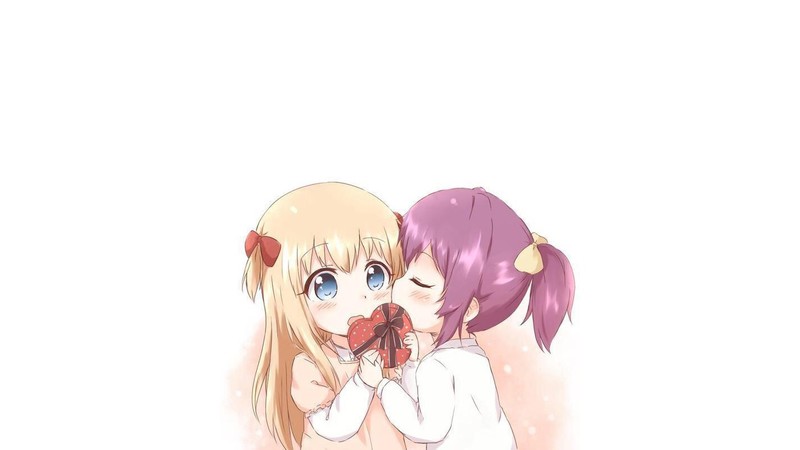 Yuru Yuri, Toshinou Kyouko, white background, Sugiura Ayano, fan art, yuri, white skin, blue eyes, blonde, simple background