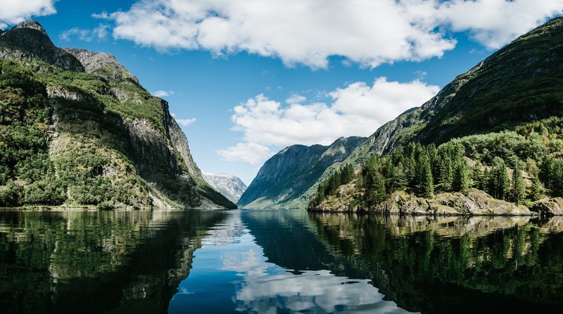 landscape, nature, water, clouds, forest, mountains
