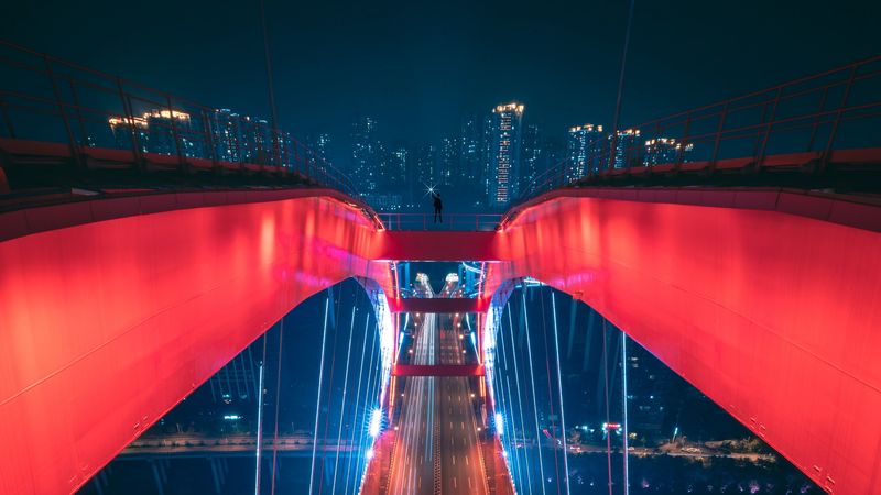 bridge, aerial view, backlight, construction, city, 4k