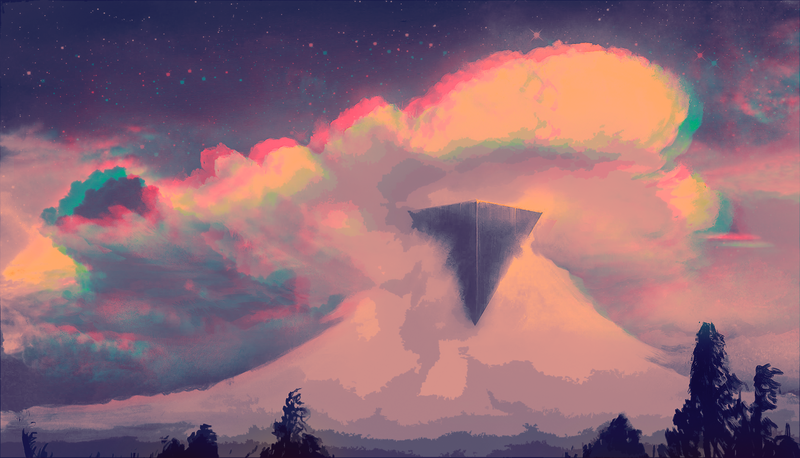 triangle, clouds, glitch art, sky, inverted pyramid