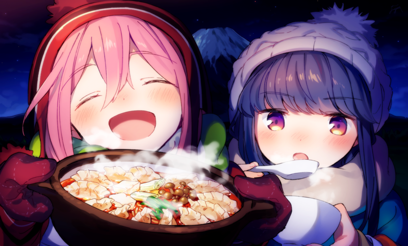 Yuru Camp, Nadeshiko Kagamihara, Rin Shima, anime, anime girls, anime girls eating