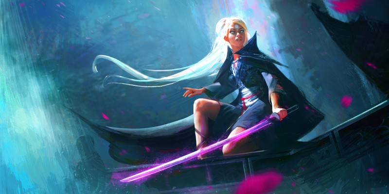 artwork, fantasy art, women, sword, katana, cyan
