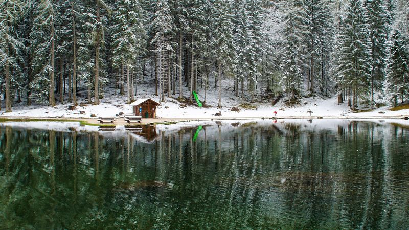 lake, forest, house, snow, landscape, solitude, 4k