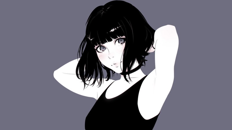 artwork, simple background, short hair, choker, dark hair, brunette, anime girls, Ilya Kuvshinov, anime, armpits, digital art, original characters, women, minimalism