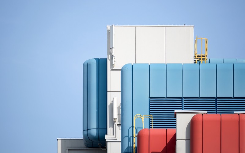 building, industrial, blue, red, cyan, white, square, sky, clear sky, light blue