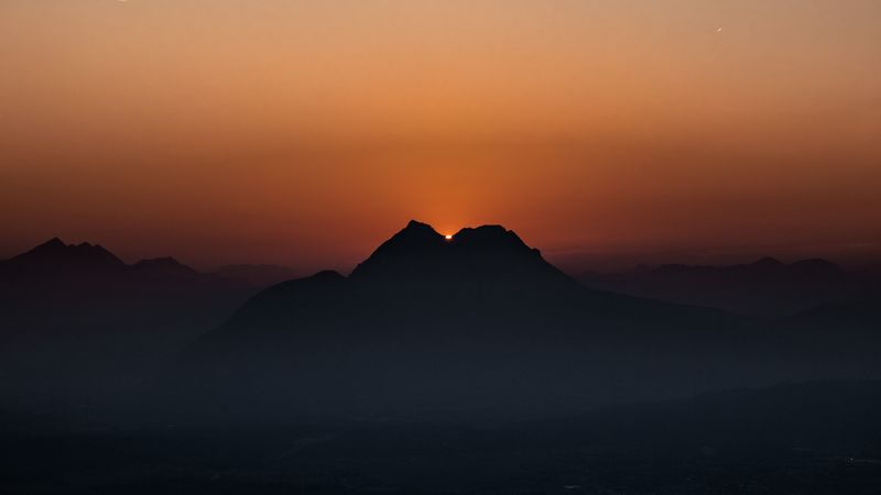 mountains, sunset, fog, dusk, dark, 4k