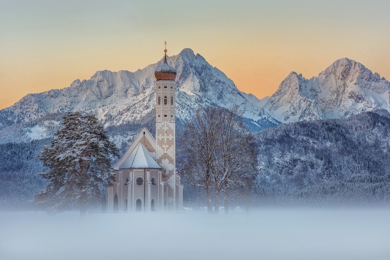 winter, mountains, church, landscape, nature