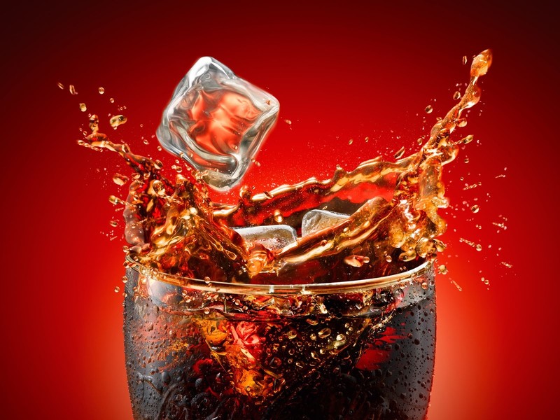 Coca-Cola, ice cubes, splashes, beverages, red, water drops, drink, red background