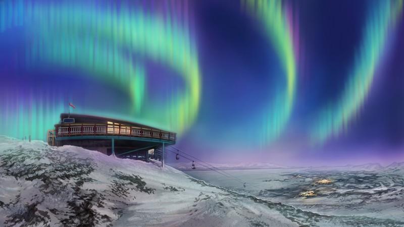 nature, landscape, winter, snow, night, digital art, aurorae, cable car, mountains