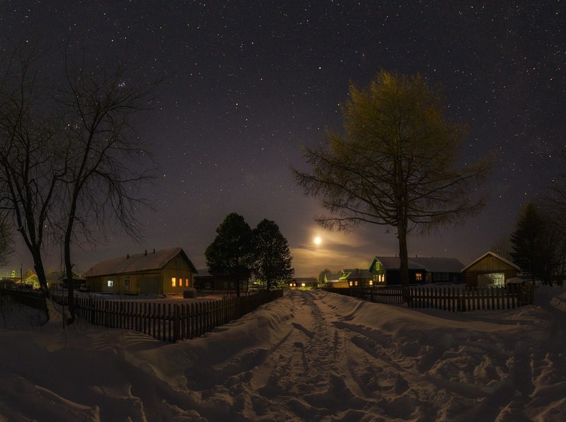 nature, landscape, winter, snow, Russia, Moon, stars, house, village, trees, night
