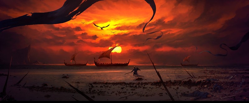 digital art, artwork, sunset, Dominik Mayer, beach, battlefields, ship, sea, fantasy art, dark fantasy, Sun, sky