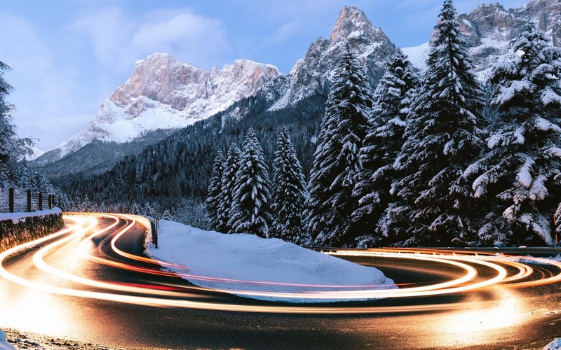 nature, landscape, winter, snow, road, long exposure, trees, forest, pine trees, mountains, light trails