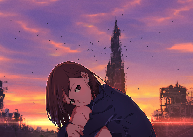 anime, anime girls, original characters, brunette, sitting, looking at viewer, sky, clouds, birds, sunset