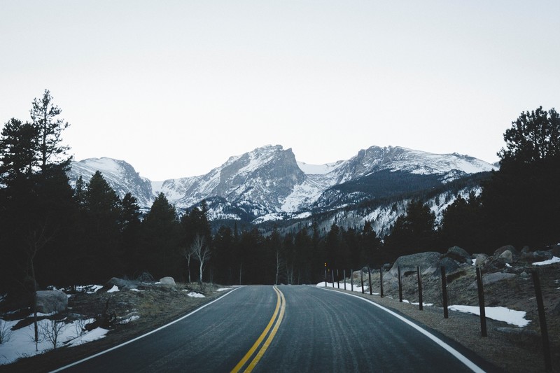snow, road, trees, mountains, landscape