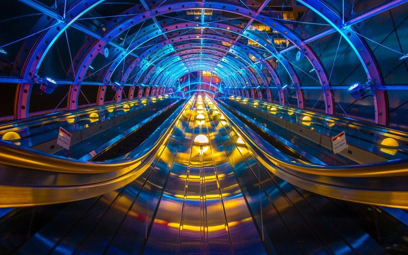 interior, interior design, escalator, lights
