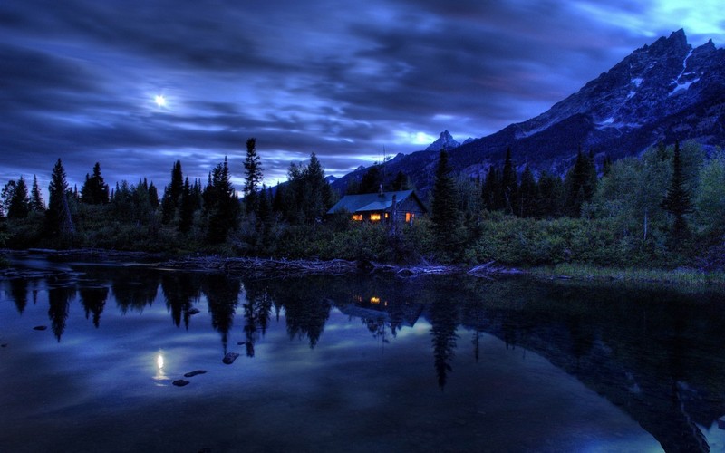landscape, house, lake, cabin