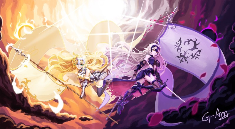 Fate/Grand Order, Fate Series, Ruler (Fate/Apocrypha), Avenger (Fate/Grand Order), Jeanne dArc, Jeanne dArc alter, blonde, white hair, blue eyes, yellow eyes, long hair, spear, flag, sword, armor, clouds, sun rays, evil, anime girls, video games
