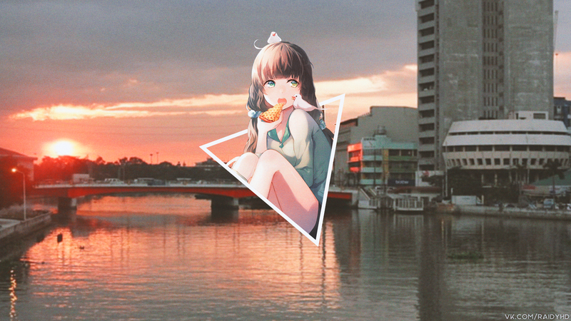 anime, anime girls, picture-in-picture, sunset