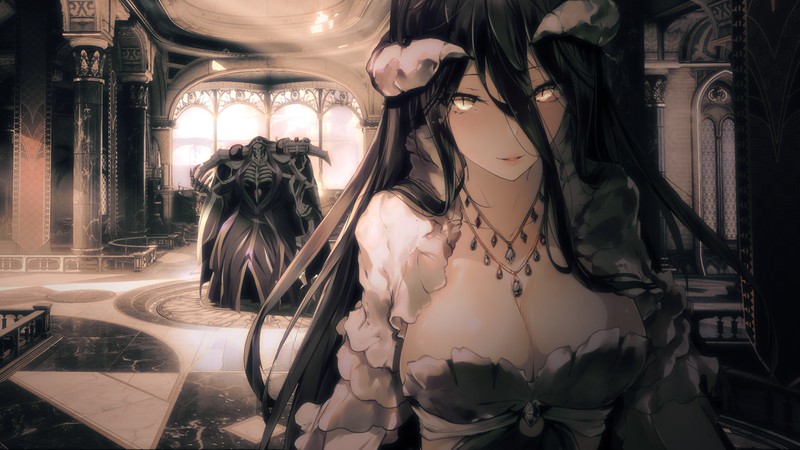 Ainz Ooal Gown, Albedo (OverLord), black hair, boobs, cleavage, dress, white dress, long hair, horns, Overlord (anime), waifu2x, yellow eyes