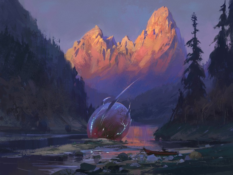 nature, landscape, digital art, sunset, Nikolai Litvinenko, boat, mountains, trees, fantasy art, forest