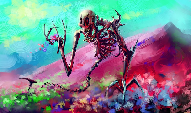 nature, landscape, digital art, skeleton, skull, painting, colorful, mountains, fangs, artwork, cyan, pink, blood, flowers, red