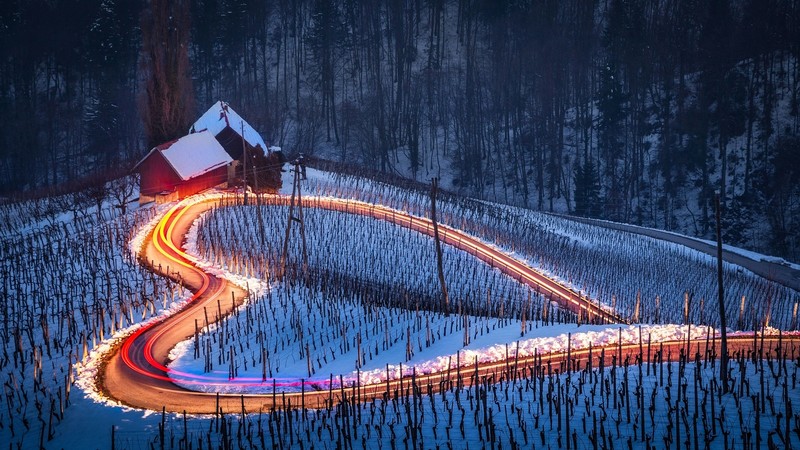 road, long exposure, winter, landscape, snow, Slovenia, light trails, heart, hills