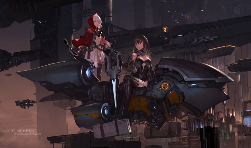 anime girls, swd3e2, artwork, drawing, women, long hair, futuristic, white hair