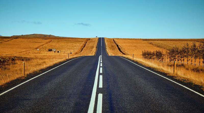 road, field, clear sky, blue, asphalt