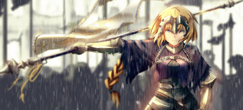 Fate/Grand Order, Fate Series, Ruler (Fate/Apocrypha), Jeanne dArc, rain, blonde, long hair, spear, armor, battlefields, knight, anime girls, Fate/Apocrypha, flag