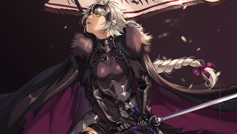 Fate/Grand Order, Fate Series, Avenger (Fate/Grand Order), Jeanne dArc alter, sword, spear, flag, white hair, long hair, armor, anime girls, yellow eyes, video games